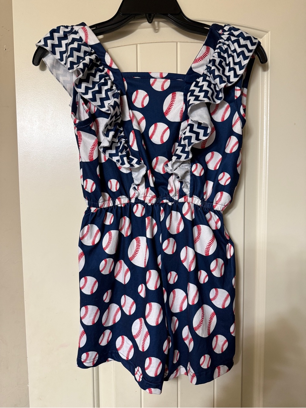 Girls Pete and Lucy Navy Baseball-Print Ruffle Romper